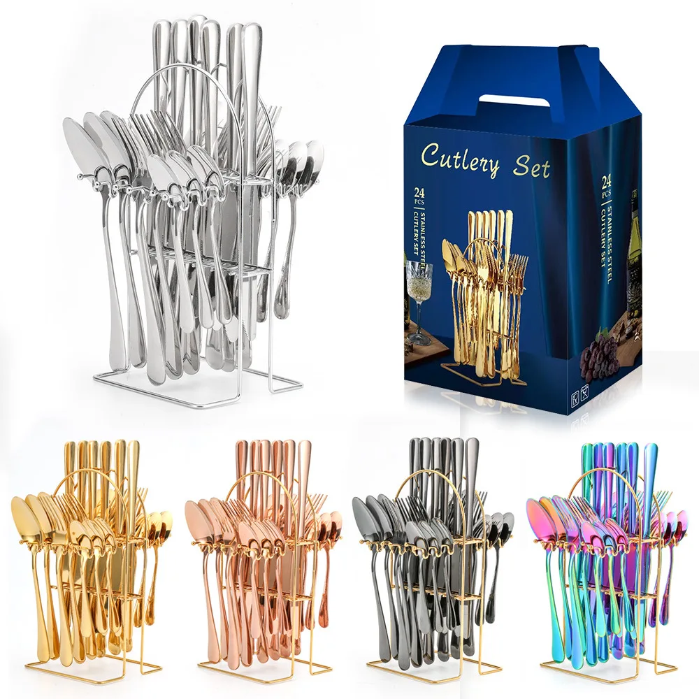 Couverts de luxe en acier inoxydable doré, service de table,, 24 pièces